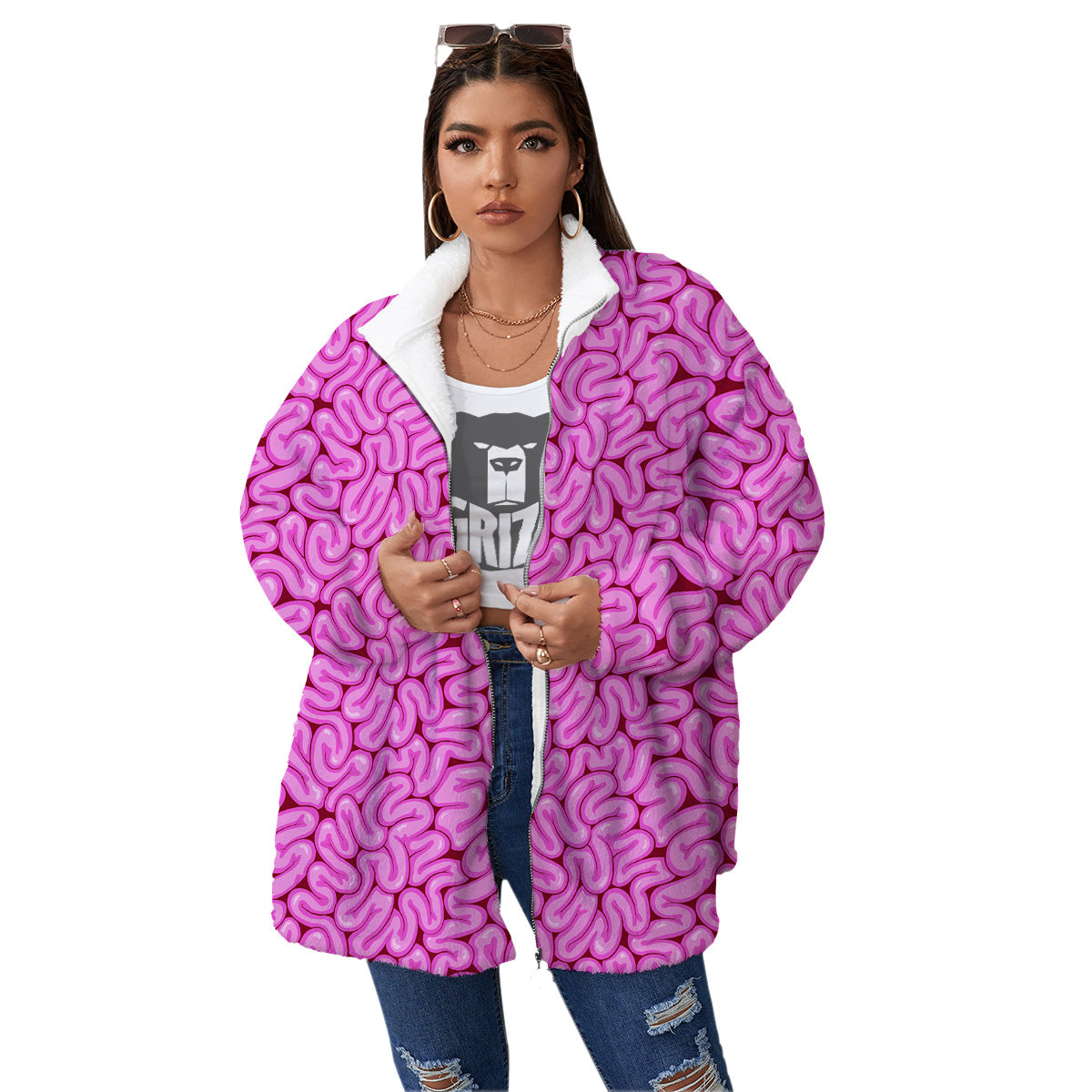 Pink Brains Cartoon Print Pattern Women's Sherpa Jacket-grizzshop