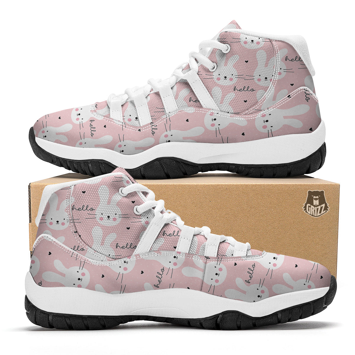 Pink Bunny Rabbit Pattern Print White Bball Shoes-grizzshop