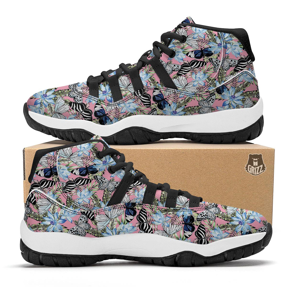 Pink Butterfly Palm Leave Black Bball Shoes-grizzshop