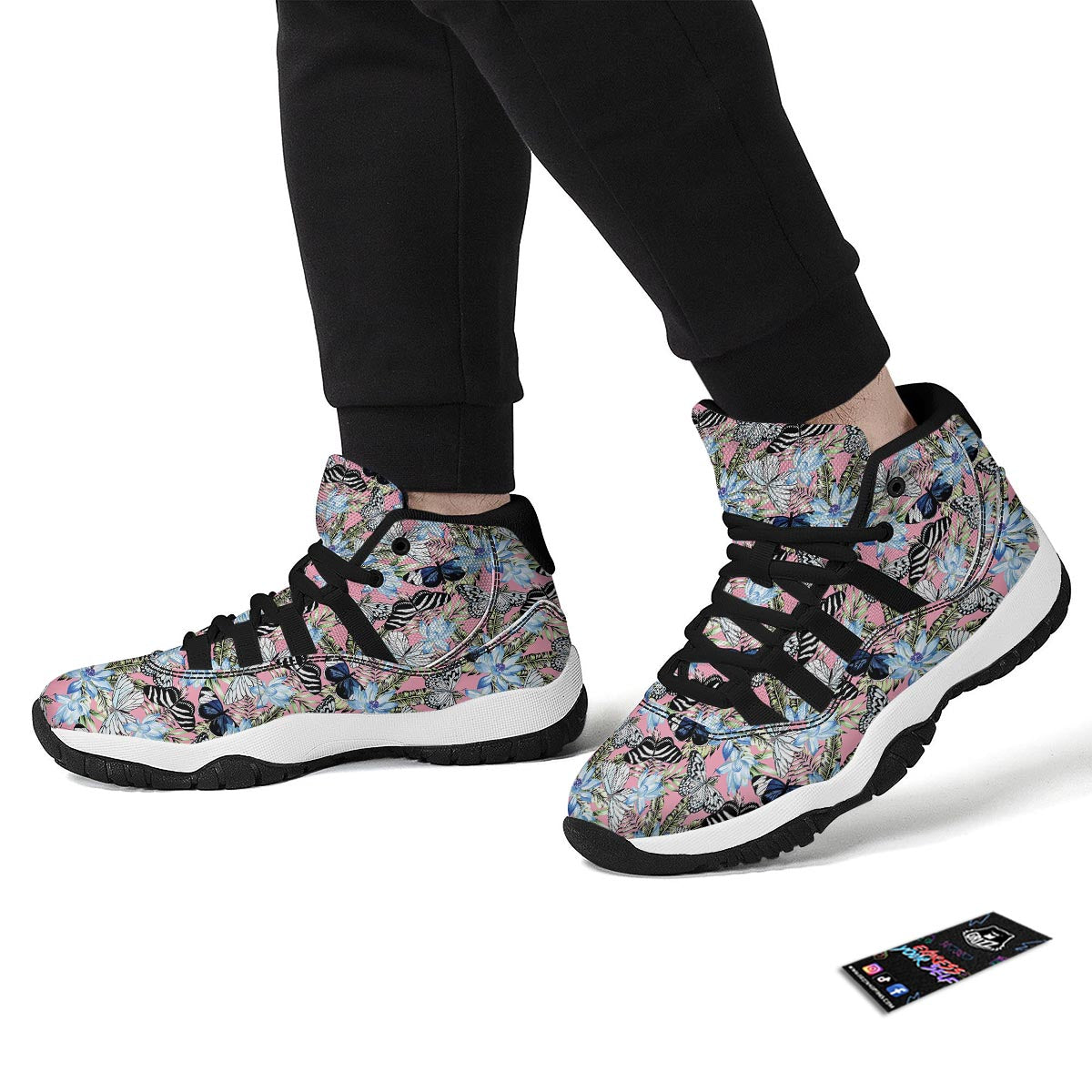Pink Butterfly Palm Leave Black Bball Shoes-grizzshop