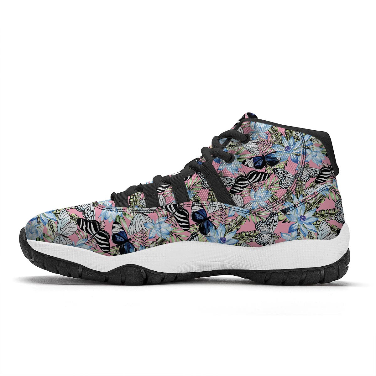 Pink Butterfly Palm Leave Black Bball Shoes-grizzshop