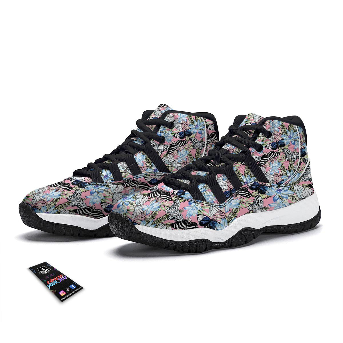 Pink Butterfly Palm Leave Black Bball Shoes-grizzshop