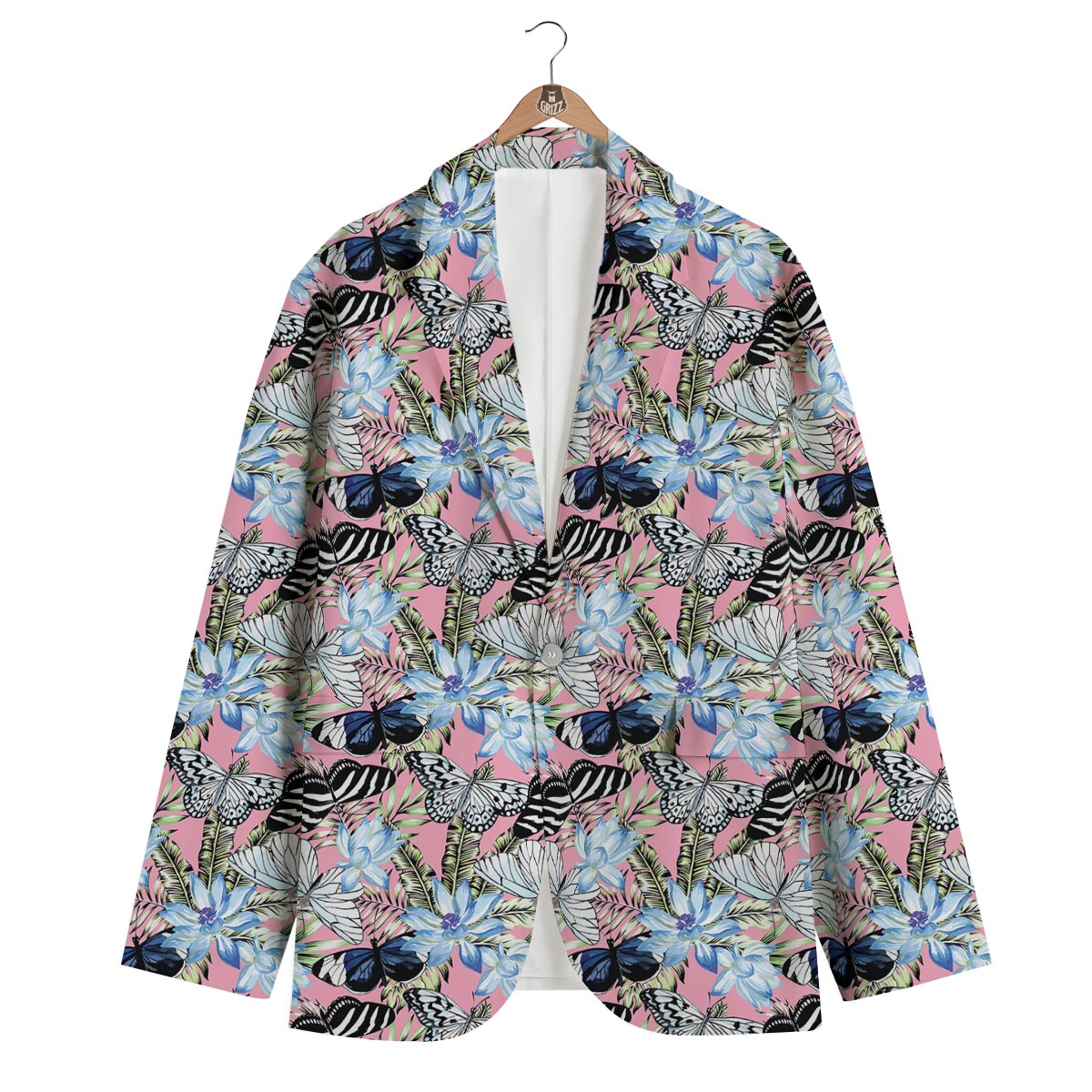 Pink Butterfly Palm Leave Men's Blazer-grizzshop