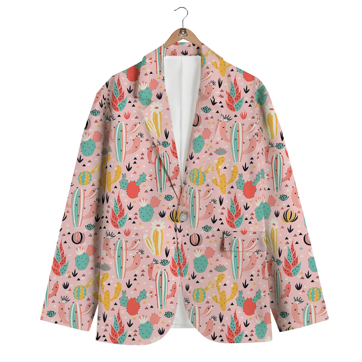 Pink Cactus Pattern Print Men's Blazer-grizzshop