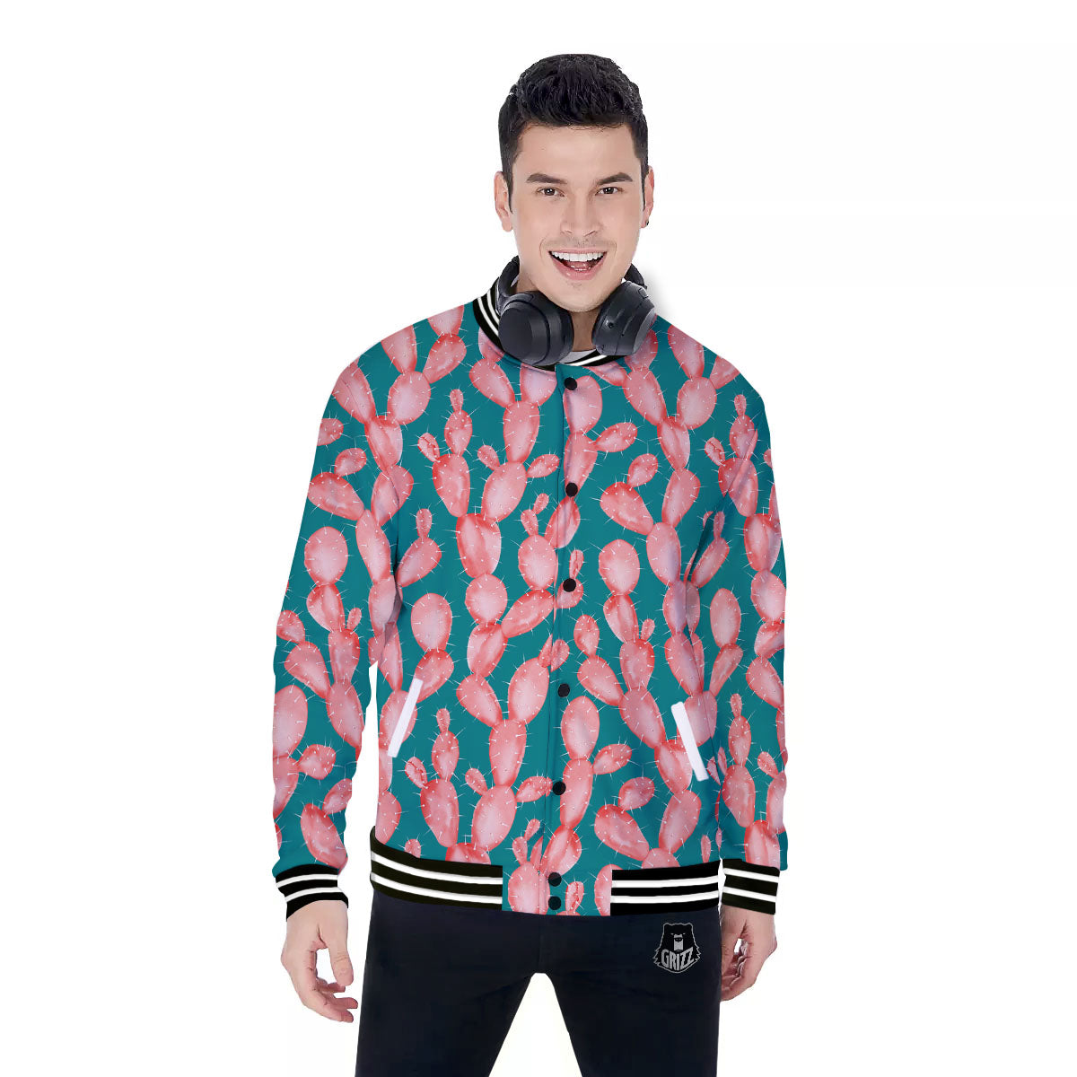 Pink Cactus Print Pattern Baseball Jacket-grizzshop