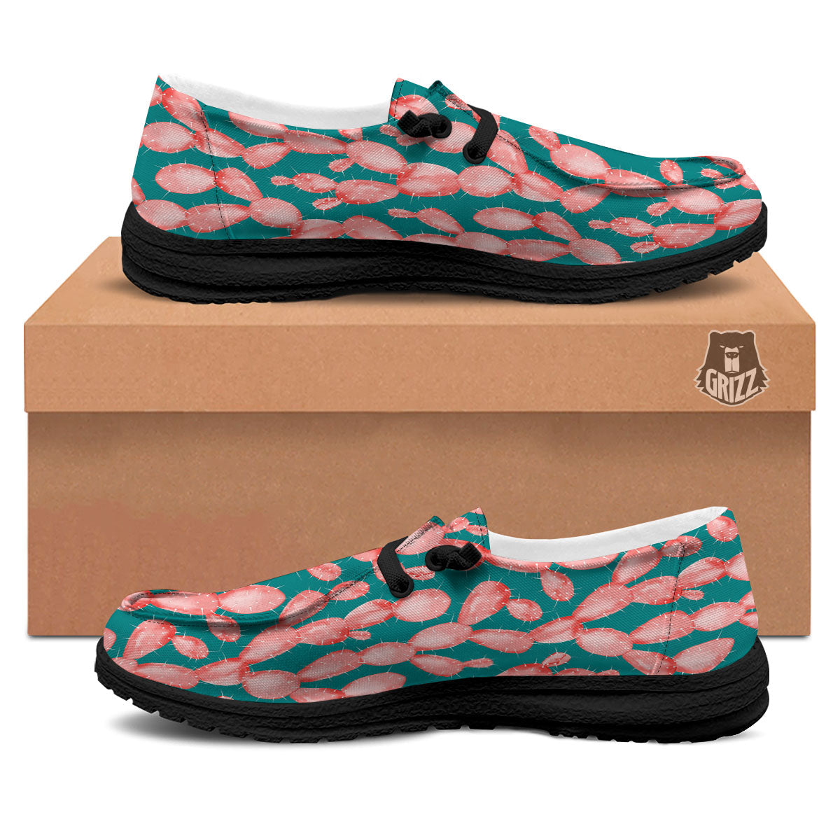 Pink Cactus Print Pattern Black Loafers-grizzshop