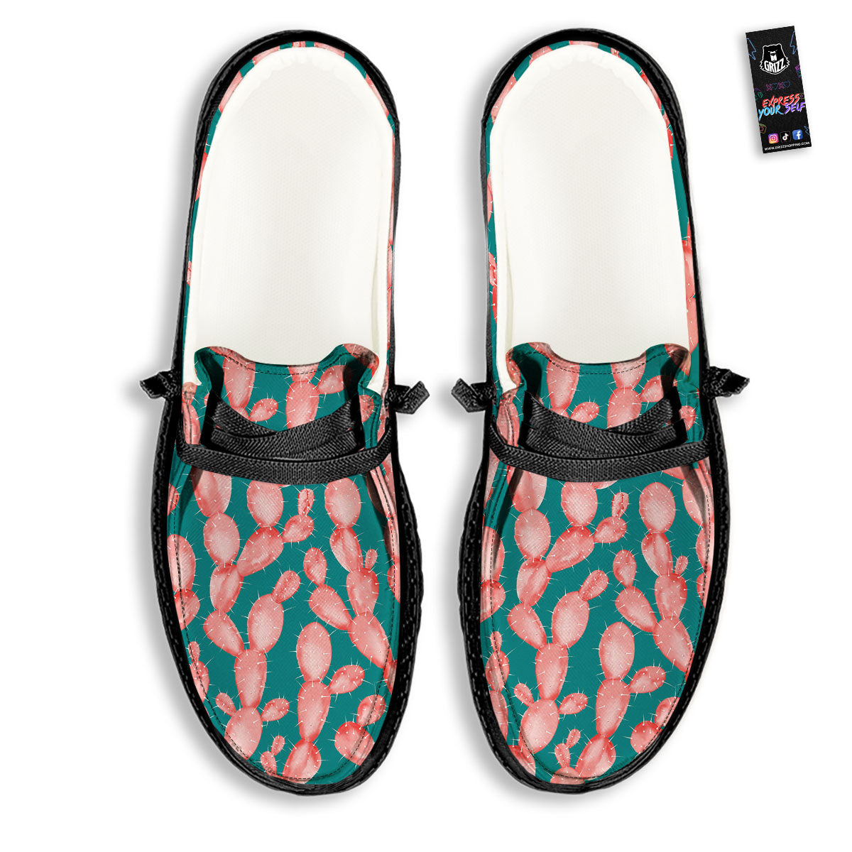 Pink Cactus Print Pattern Black Loafers-grizzshop