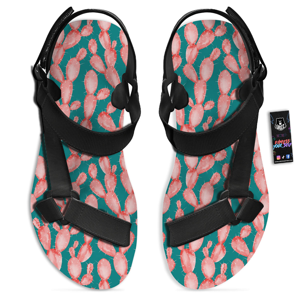 Pink Cactus Print Pattern Black Open Toe Sandals-grizzshop