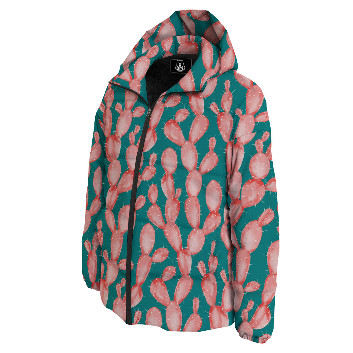 Pink Cactus Print Pattern Down Jacket-grizzshop