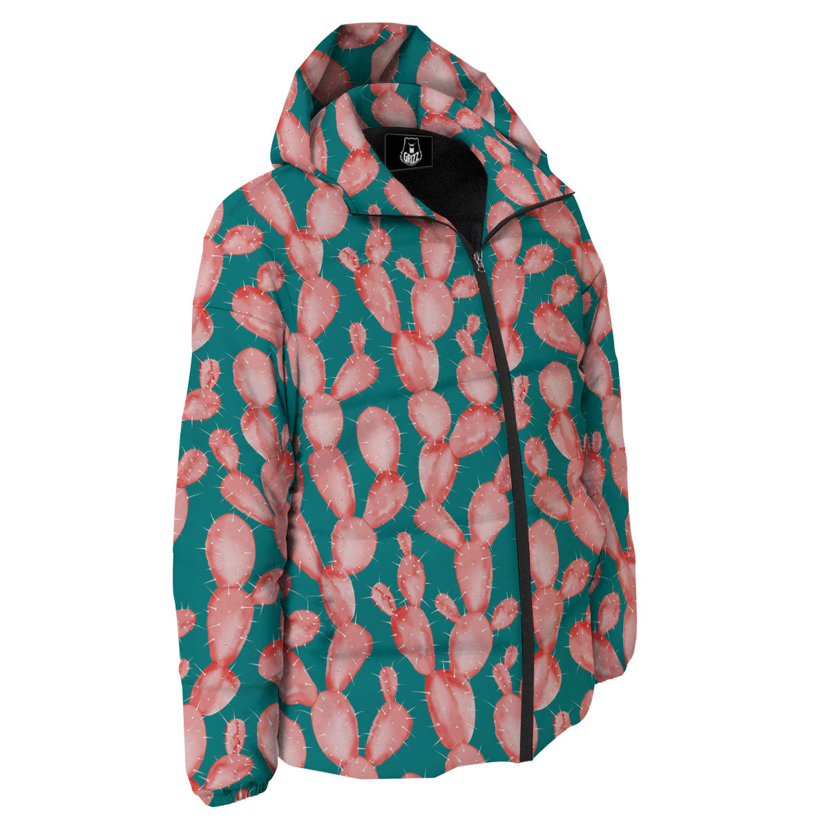 Pink Cactus Print Pattern Down Jacket-grizzshop