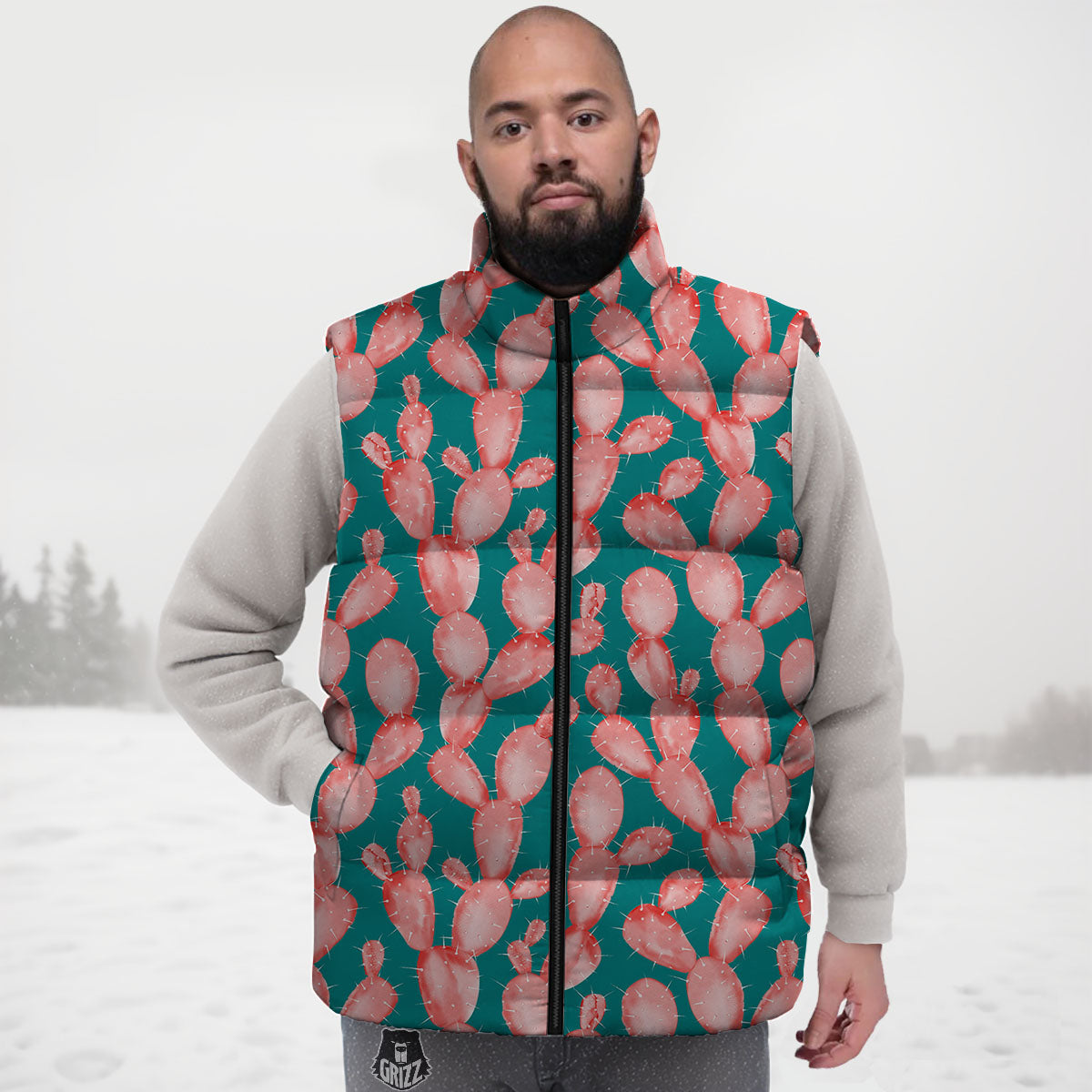 Pink Cactus Print Pattern Down Vest