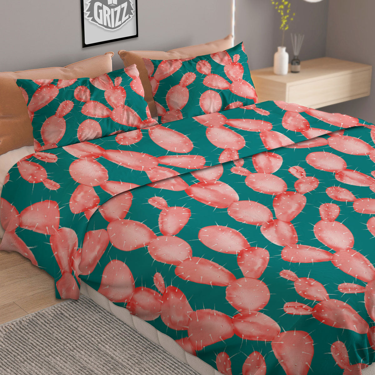 Pink Cactus Print Pattern Duvet Cover Bedding Set
