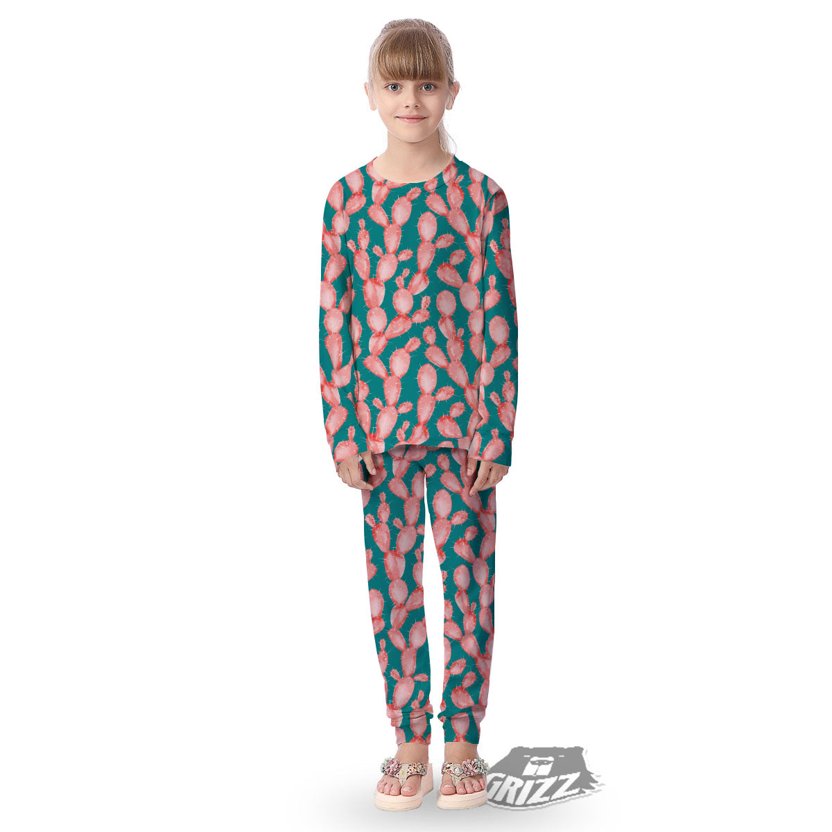 Pink Cactus Print Pattern Kid's Pajamas-grizzshop