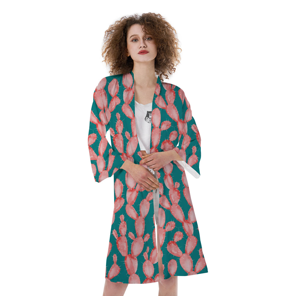 Pink Cactus Print Pattern Kimono-grizzshop