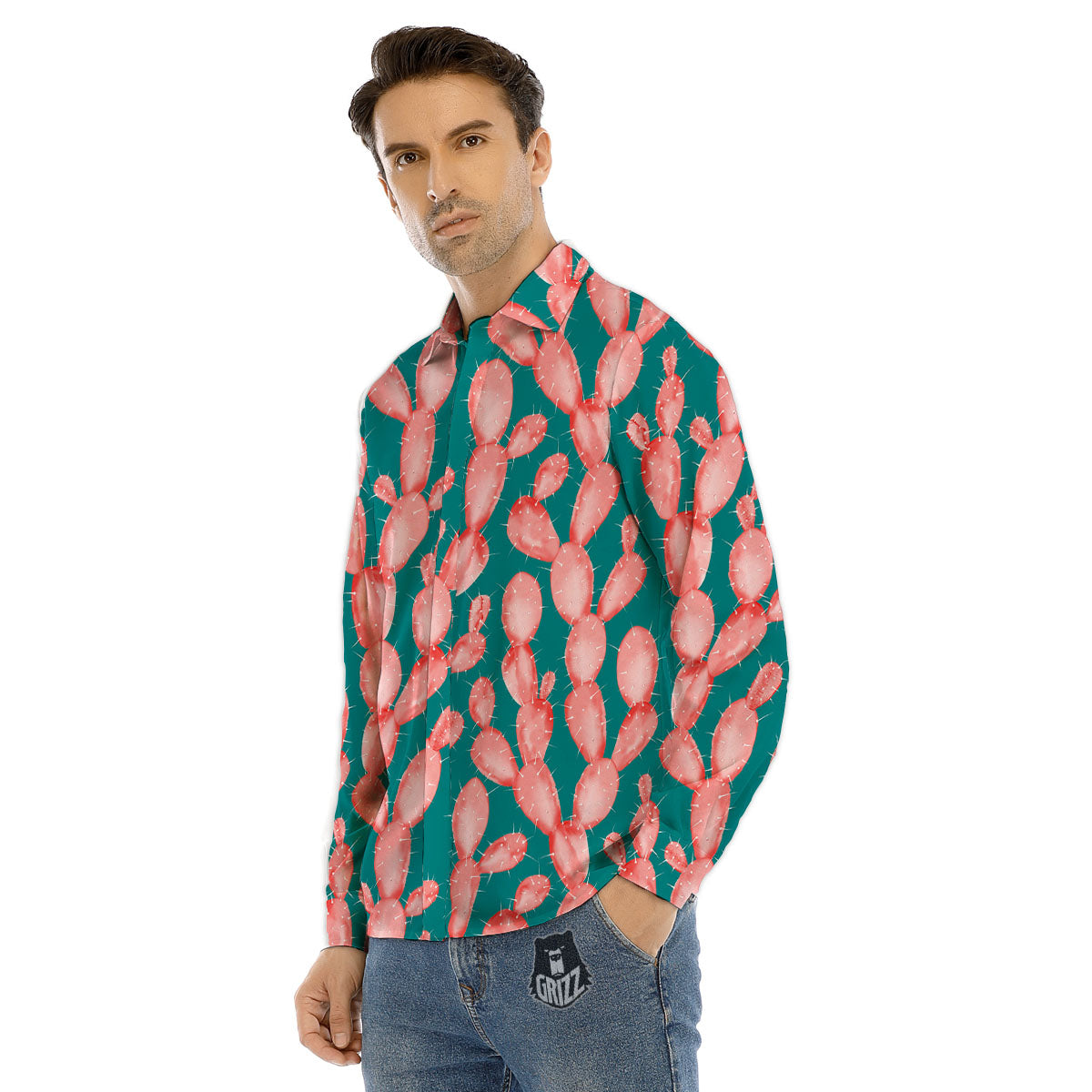 Pink Cactus Print Pattern Men's Dress Shirts-grizzshop