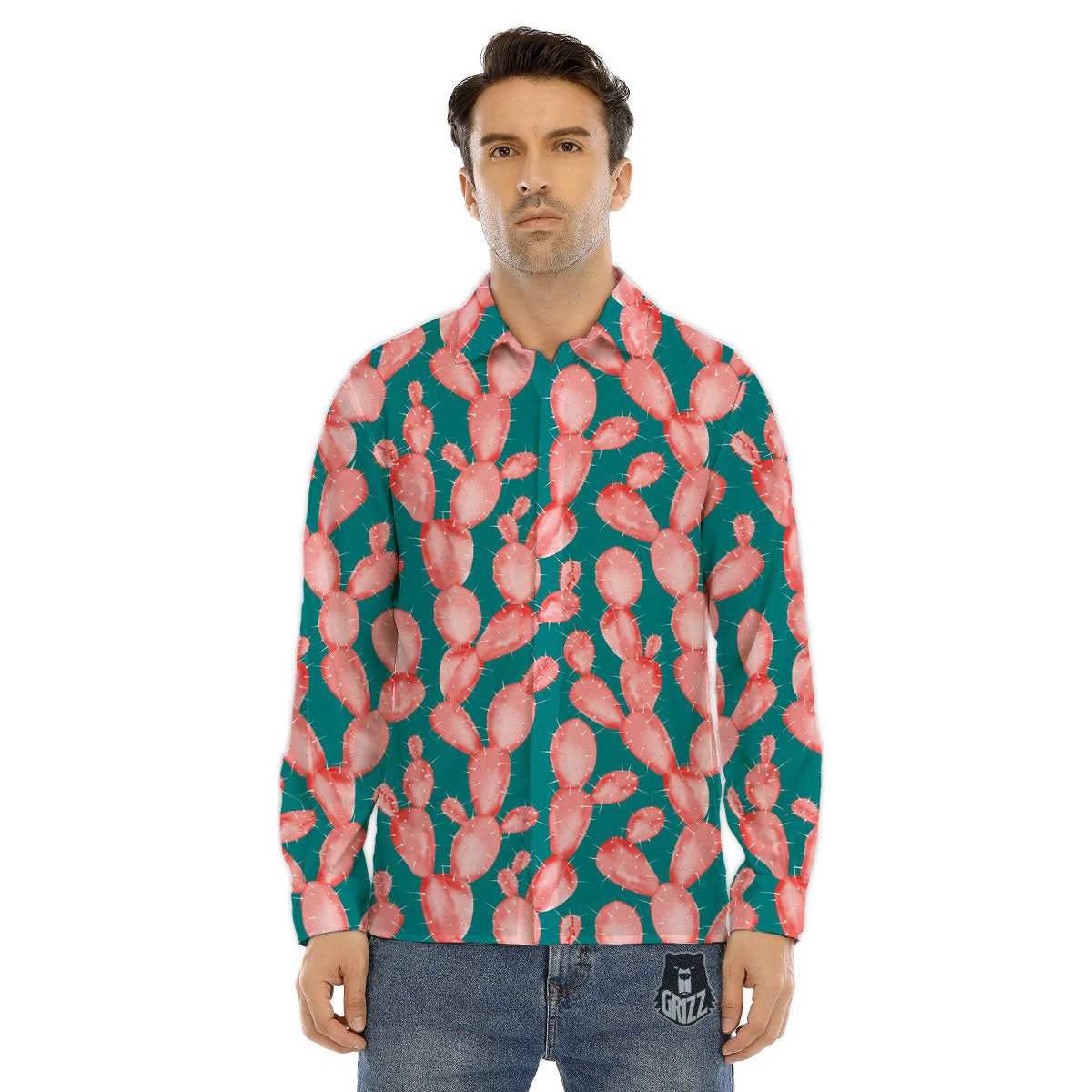Pink Cactus Print Pattern Men's Dress Shirts-grizzshop