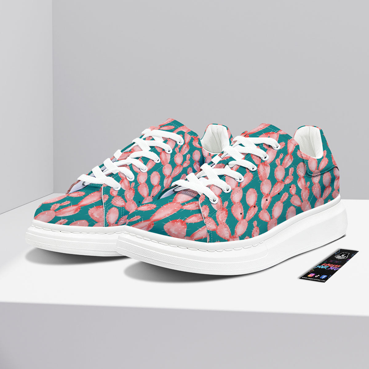 Pink Cactus Print Pattern Platform Shoes-grizzshop