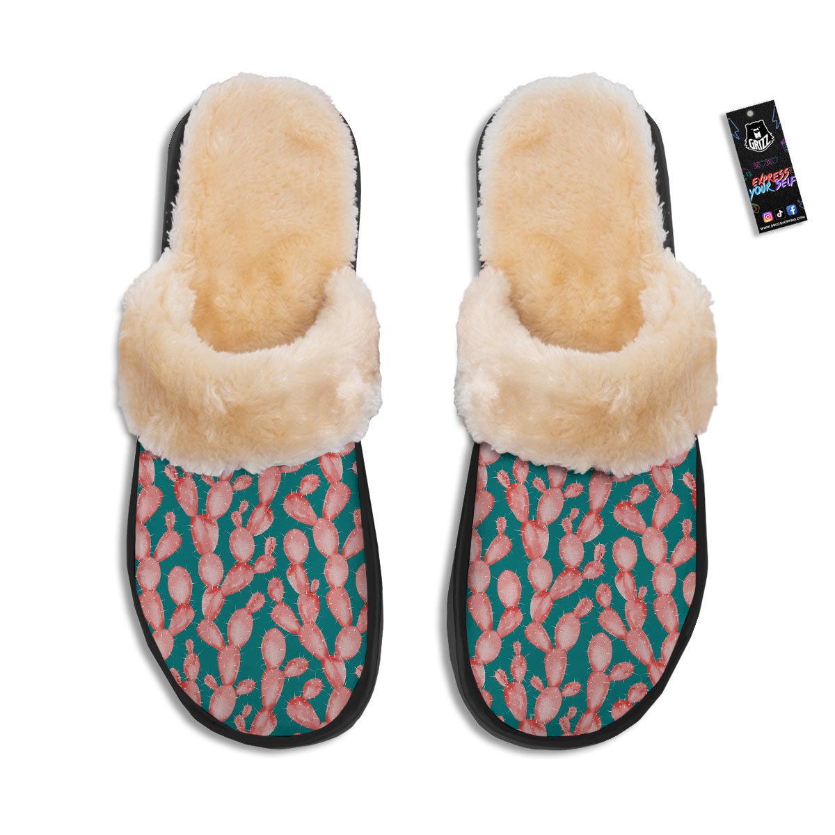 Pink Cactus Print Pattern Slippers-grizzshop