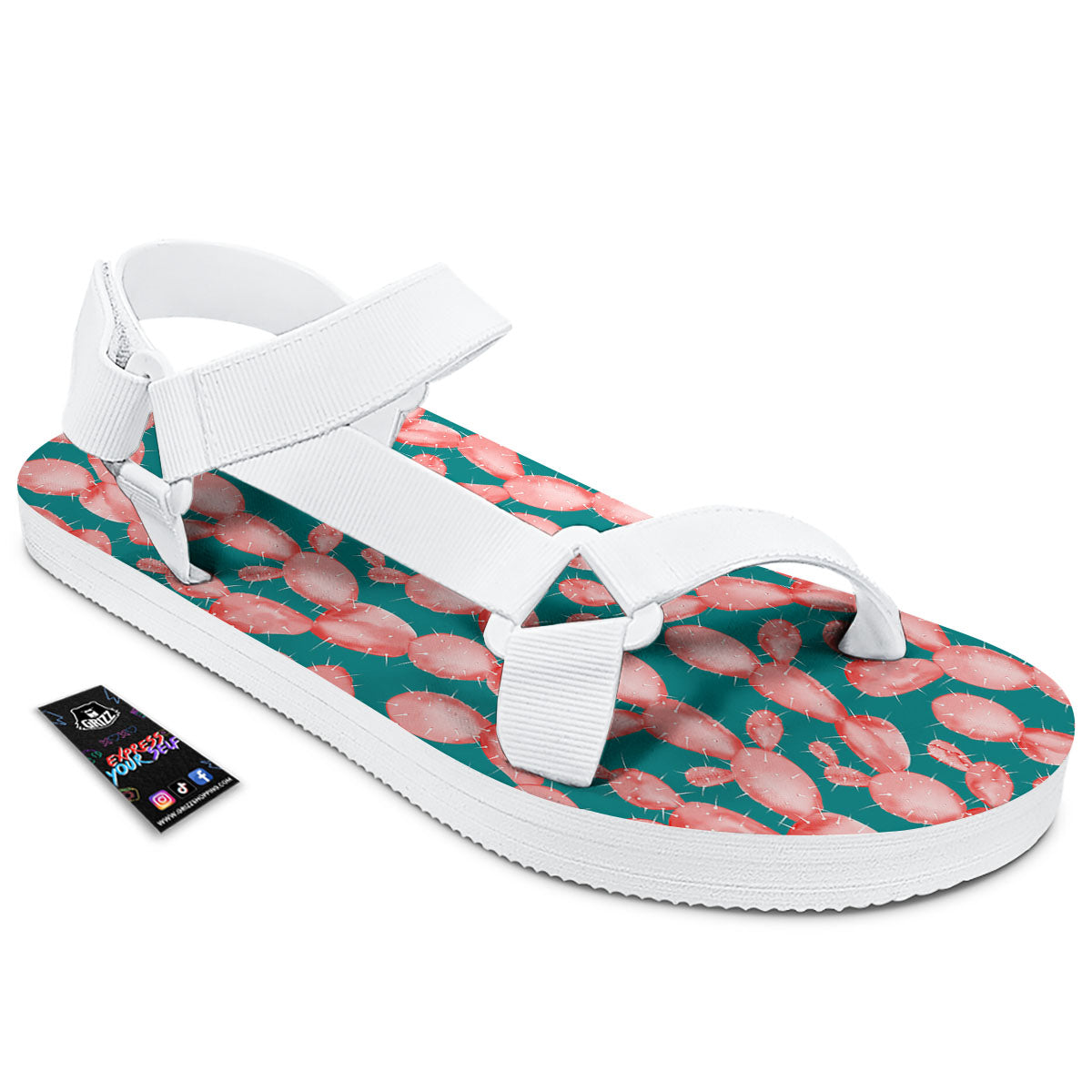 Pink Cactus Print Pattern White Open Toe Sandals-grizzshop