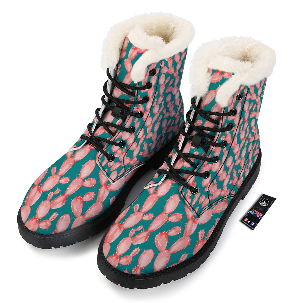 Pink Cactus Print Pattern Winter Boots-grizzshop
