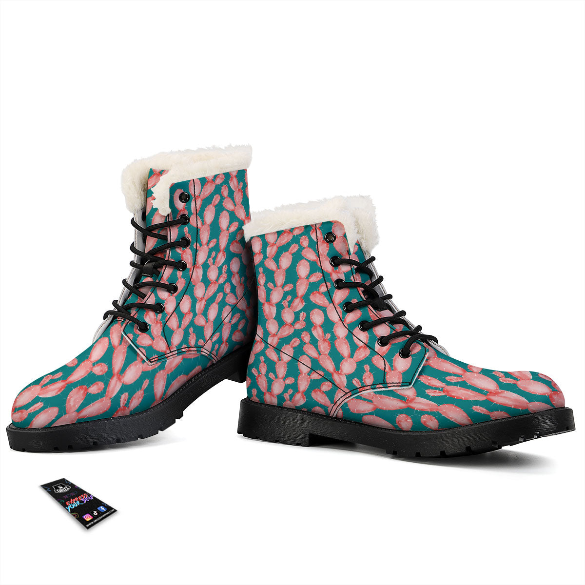 Pink Cactus Print Pattern Winter Boots-grizzshop