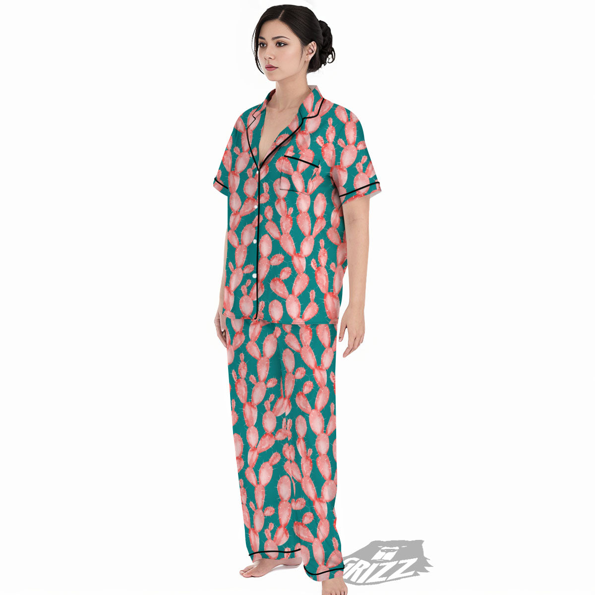 Pink Cactus Print Pattern Women's Pajamas Set-grizzshop