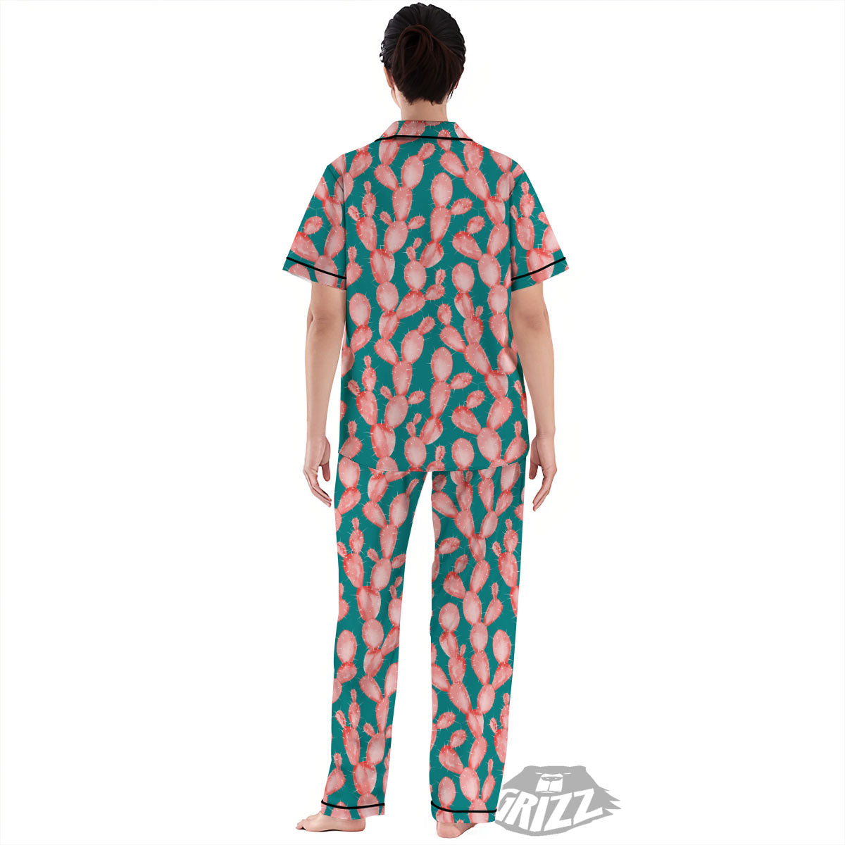 Pink Cactus Print Pattern Women's Pajamas Set-grizzshop