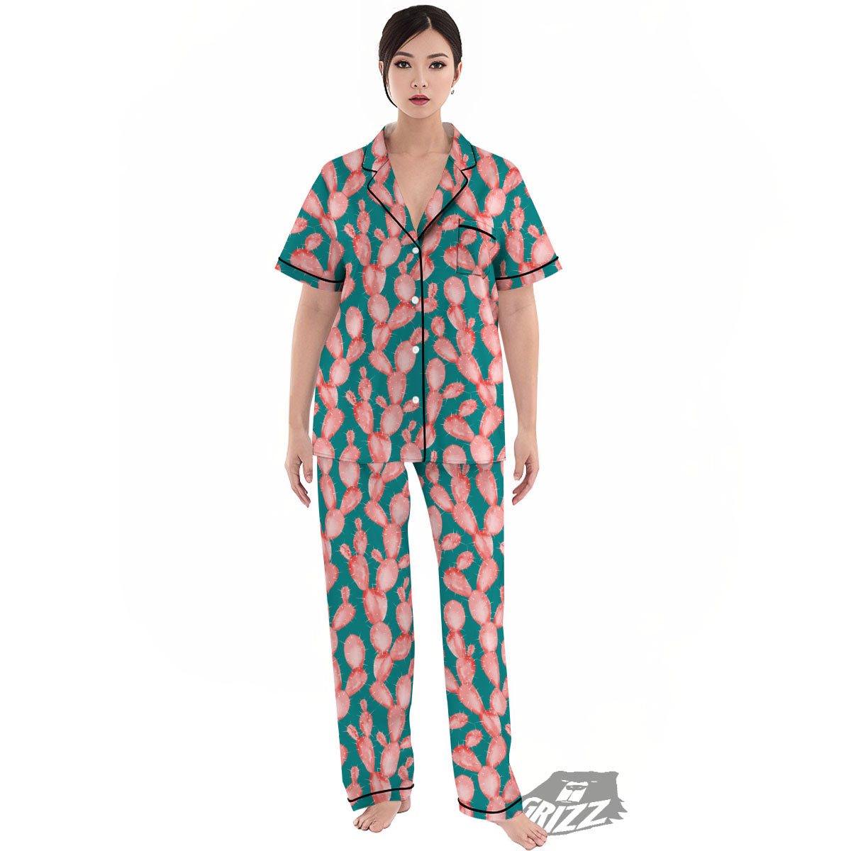 Pink Cactus Print Pattern Women's Pajamas Set-grizzshop