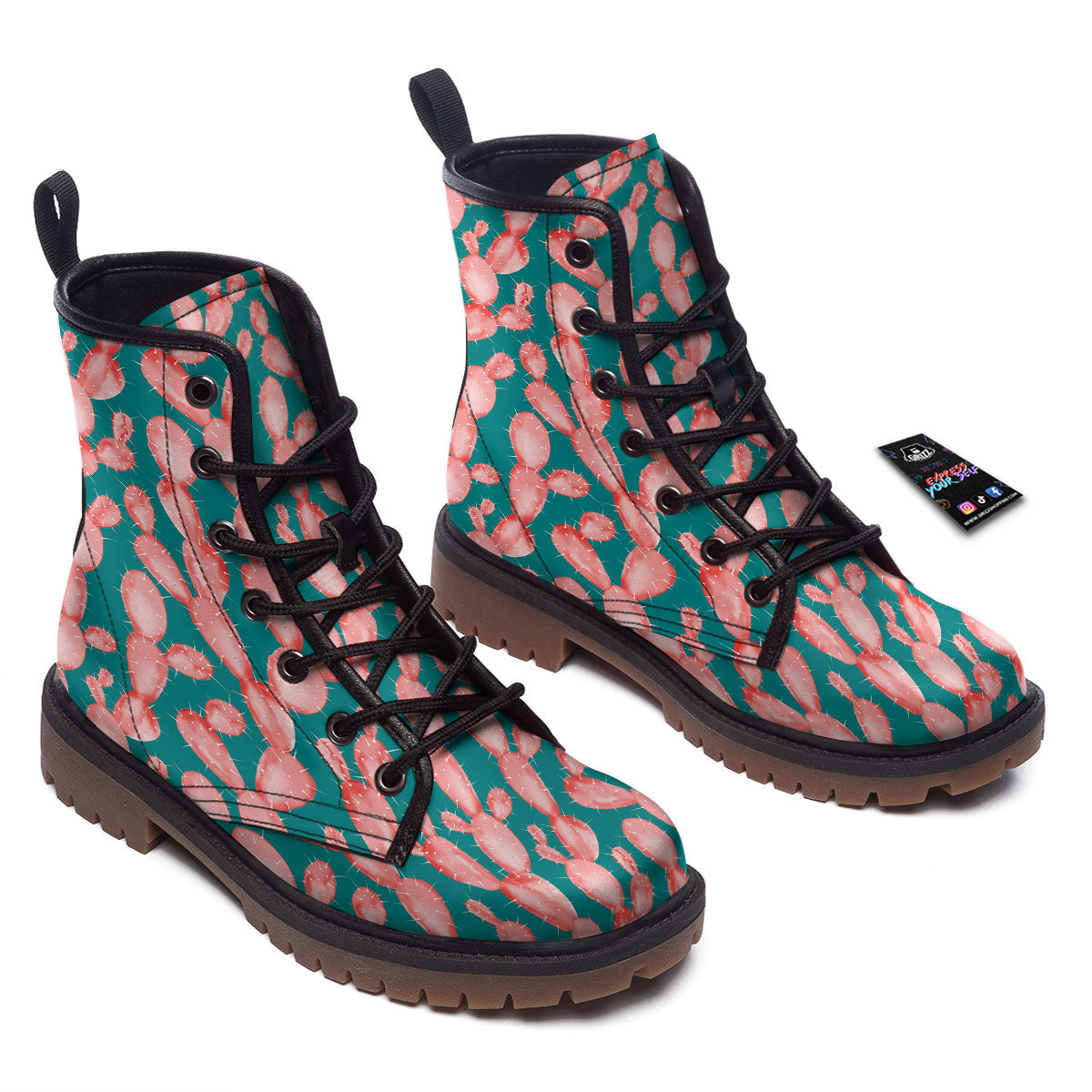 Pink Cactus Print Pattern Work Boots-grizzshop