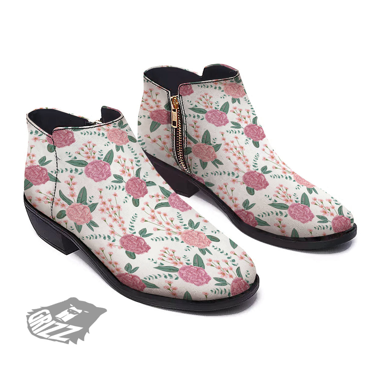Pink Carnation White Print Pattern Ankle Boots-grizzshop