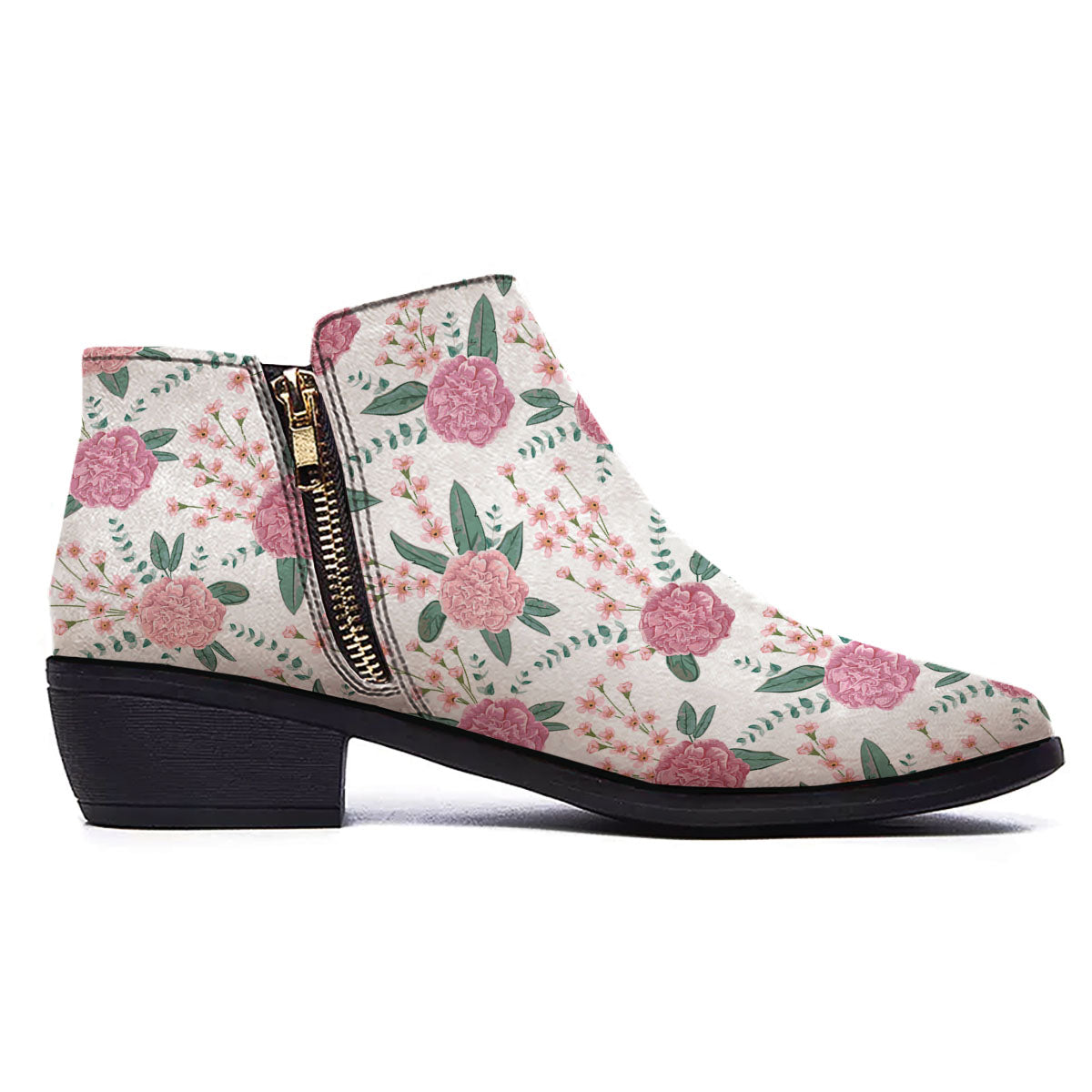 Pink Carnation White Print Pattern Ankle Boots-grizzshop