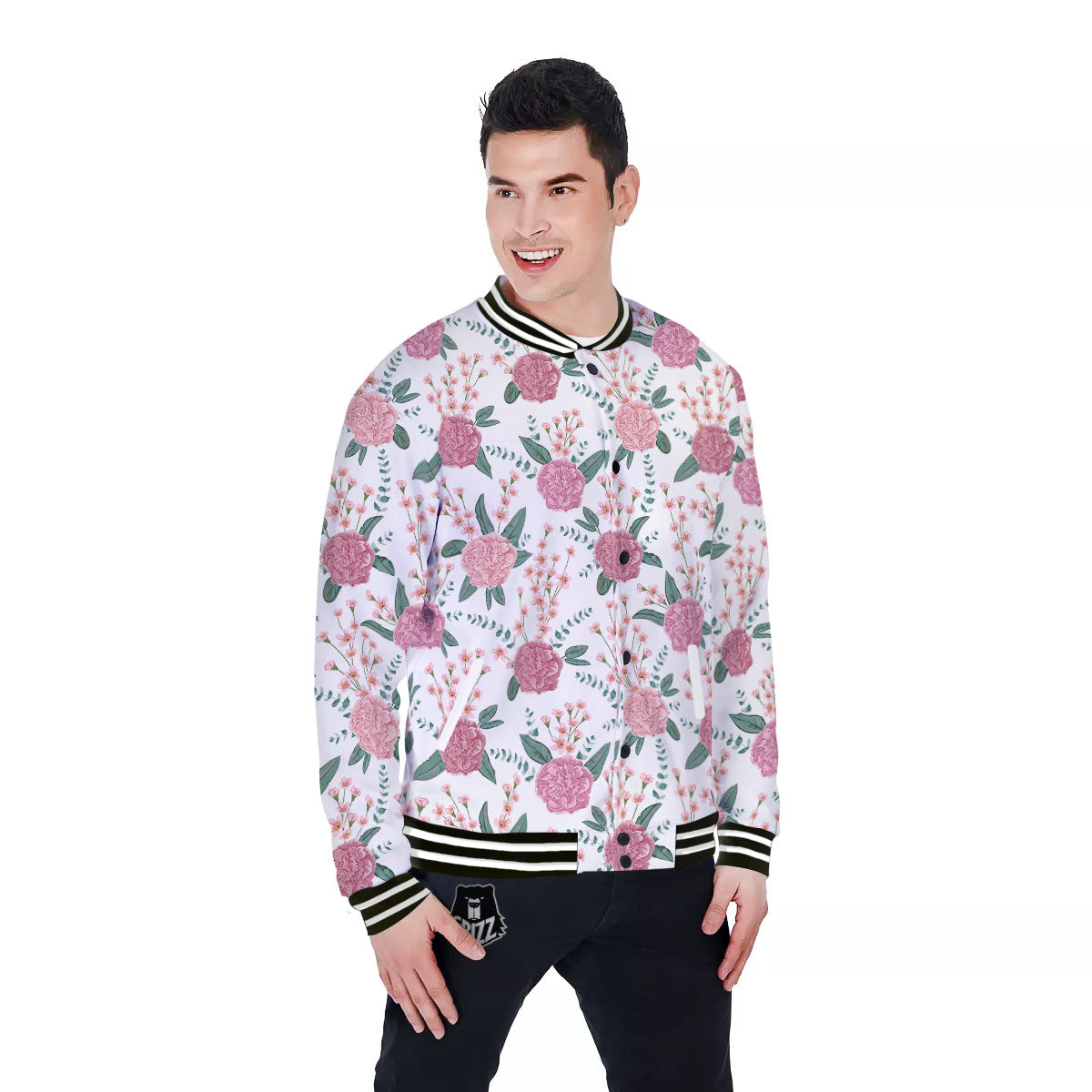 Pink Carnation White Print Pattern Baseball Jacket-grizzshop