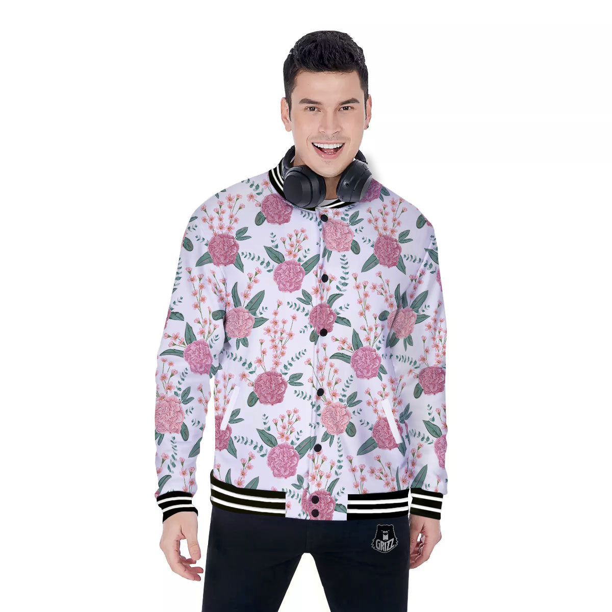 Pink Carnation White Print Pattern Baseball Jacket-grizzshop