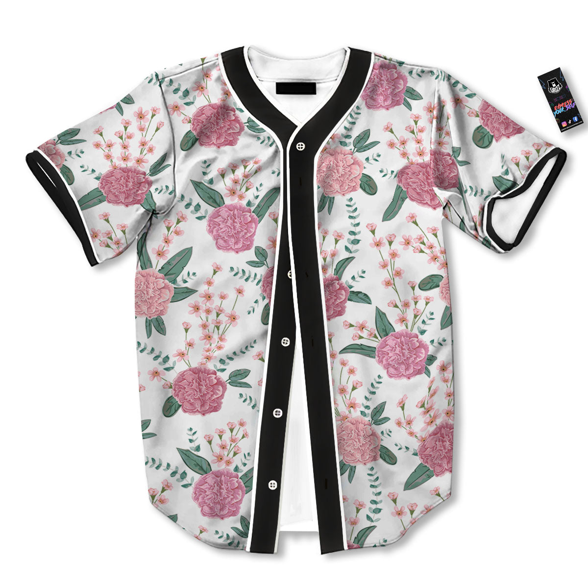 Pink Carnation White Print Pattern Baseball Jersey-grizzshop