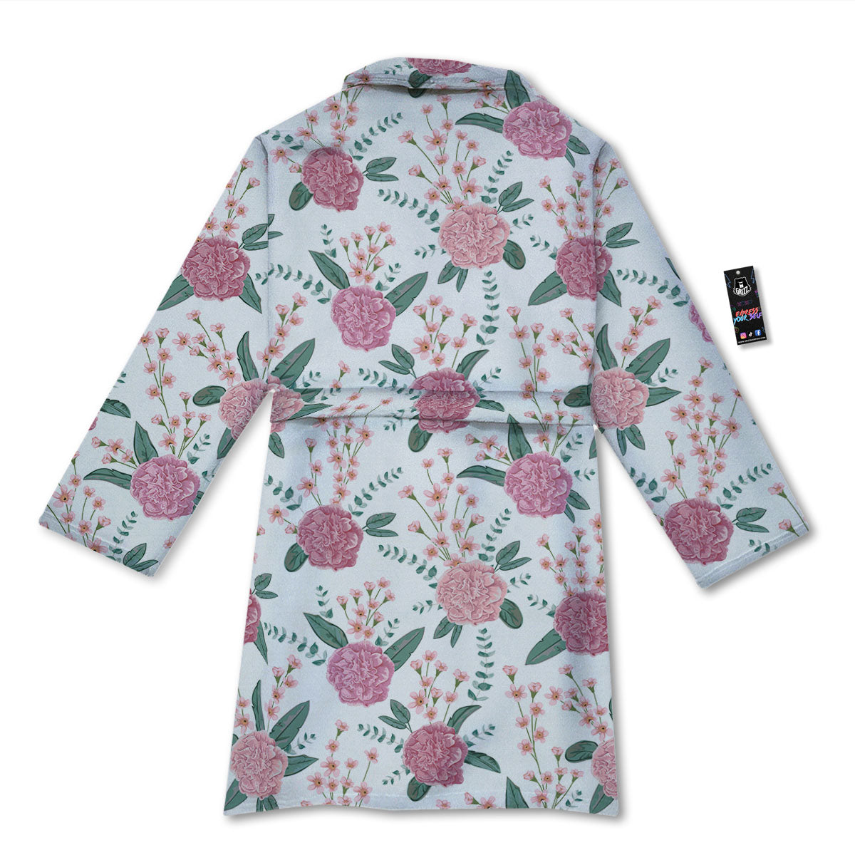 Pink Carnation White Print Pattern Bathrobe-grizzshop