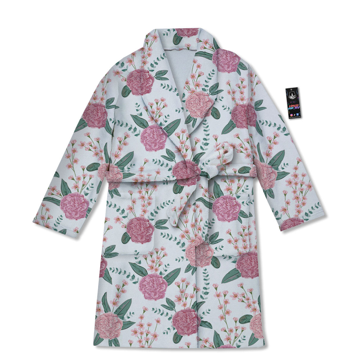 Pink Carnation White Print Pattern Bathrobe-grizzshop