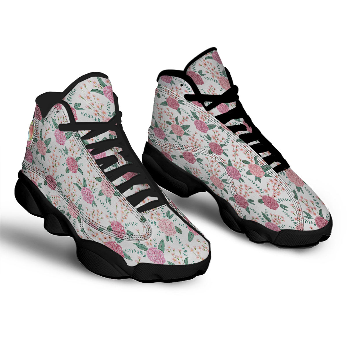 Pink Carnation White Print Pattern Black Basketball Shoes-grizzshop