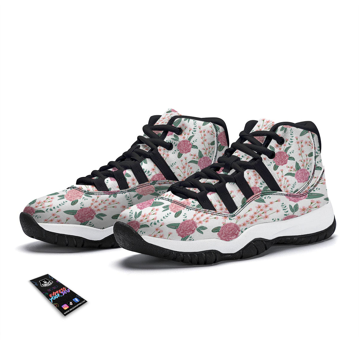 Pink Carnation White Print Pattern Black Bball Shoes-grizzshop