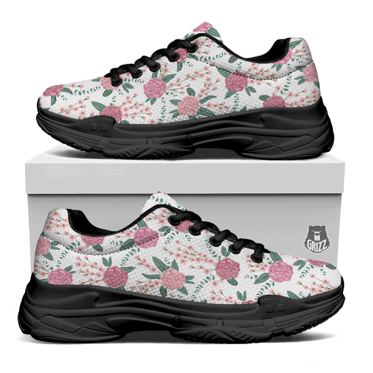 Pink Carnation White Print Pattern Black Chunky Shoes-grizzshop