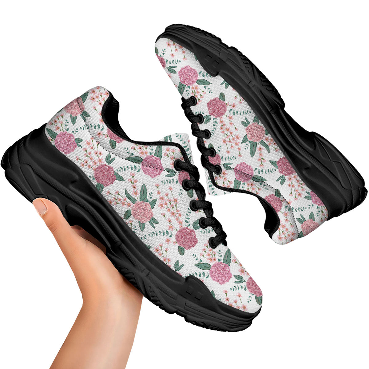 Pink Carnation White Print Pattern Black Chunky Shoes-grizzshop