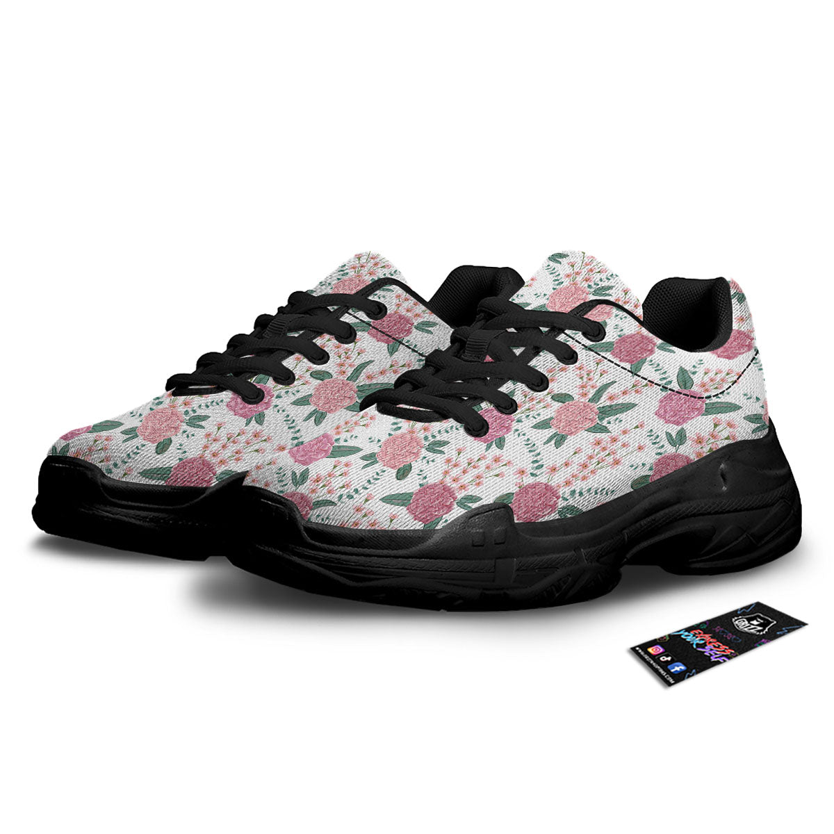 Pink Carnation White Print Pattern Black Chunky Shoes-grizzshop