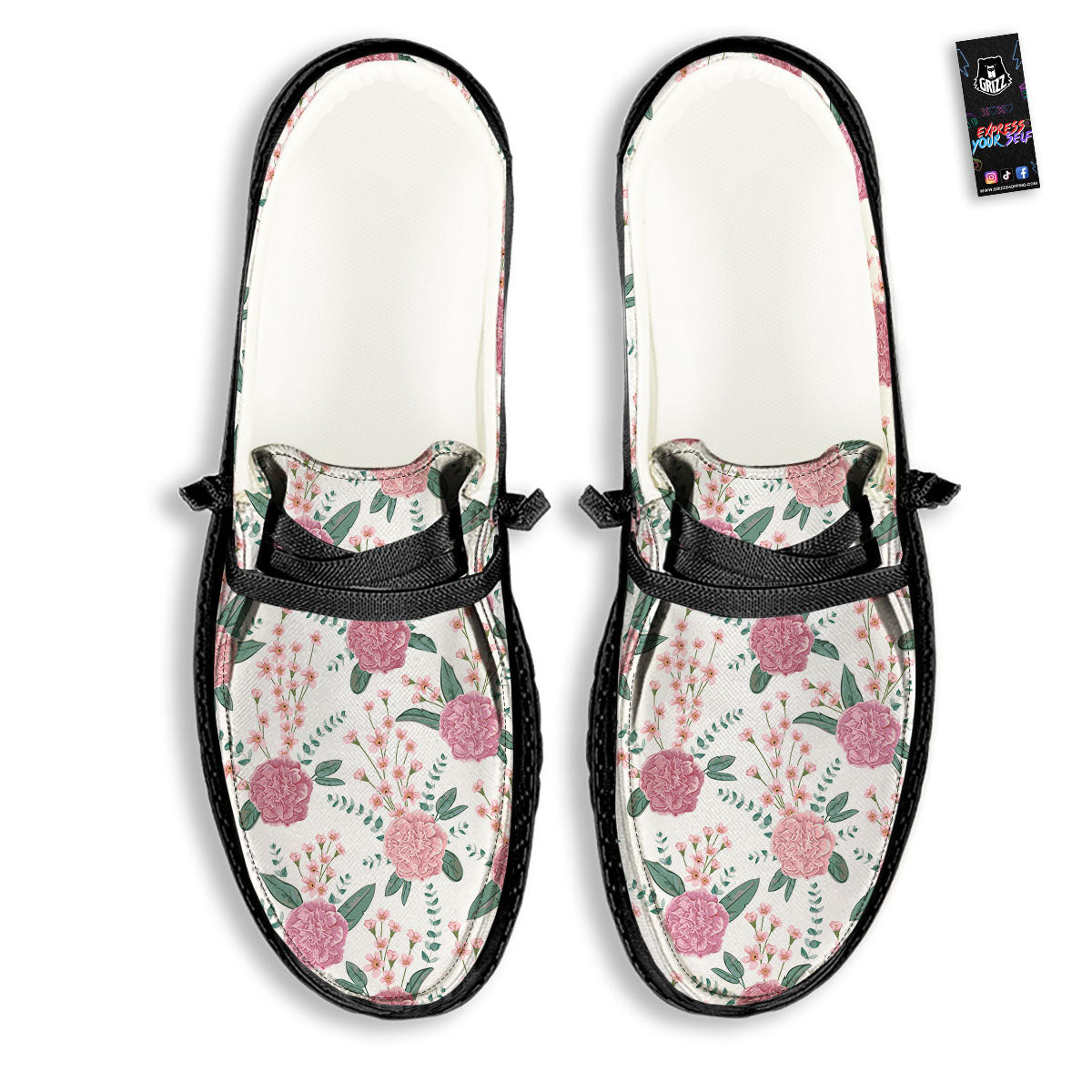 Pink Carnation White Print Pattern Black Loafers-grizzshop