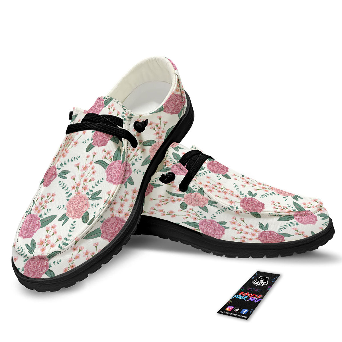 Pink Carnation White Print Pattern Black Loafers-grizzshop