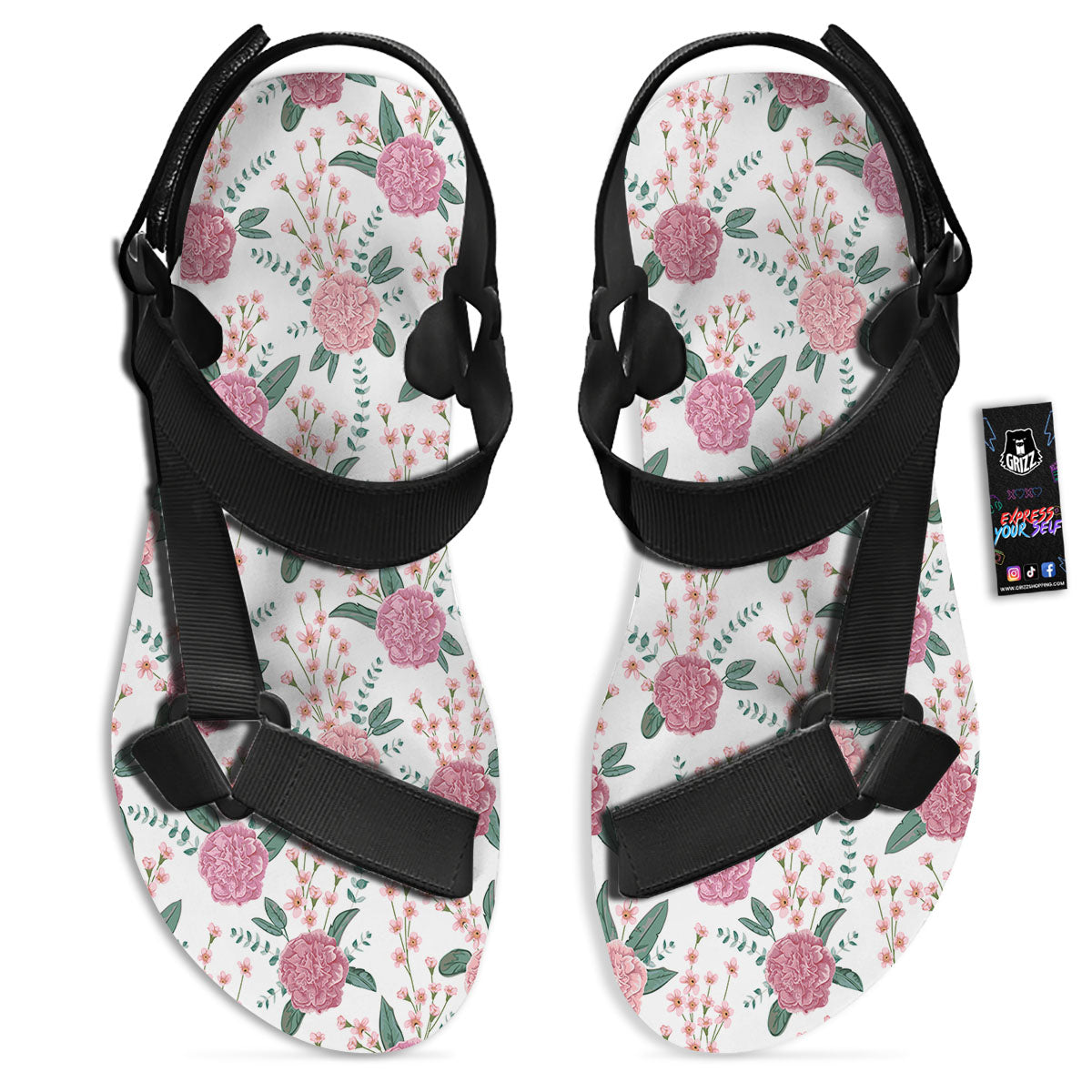 Pink Carnation White Print Pattern Black Open Toe Sandals-grizzshop