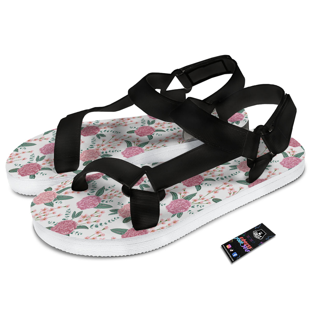 Pink Carnation White Print Pattern Black Open Toe Sandals-grizzshop