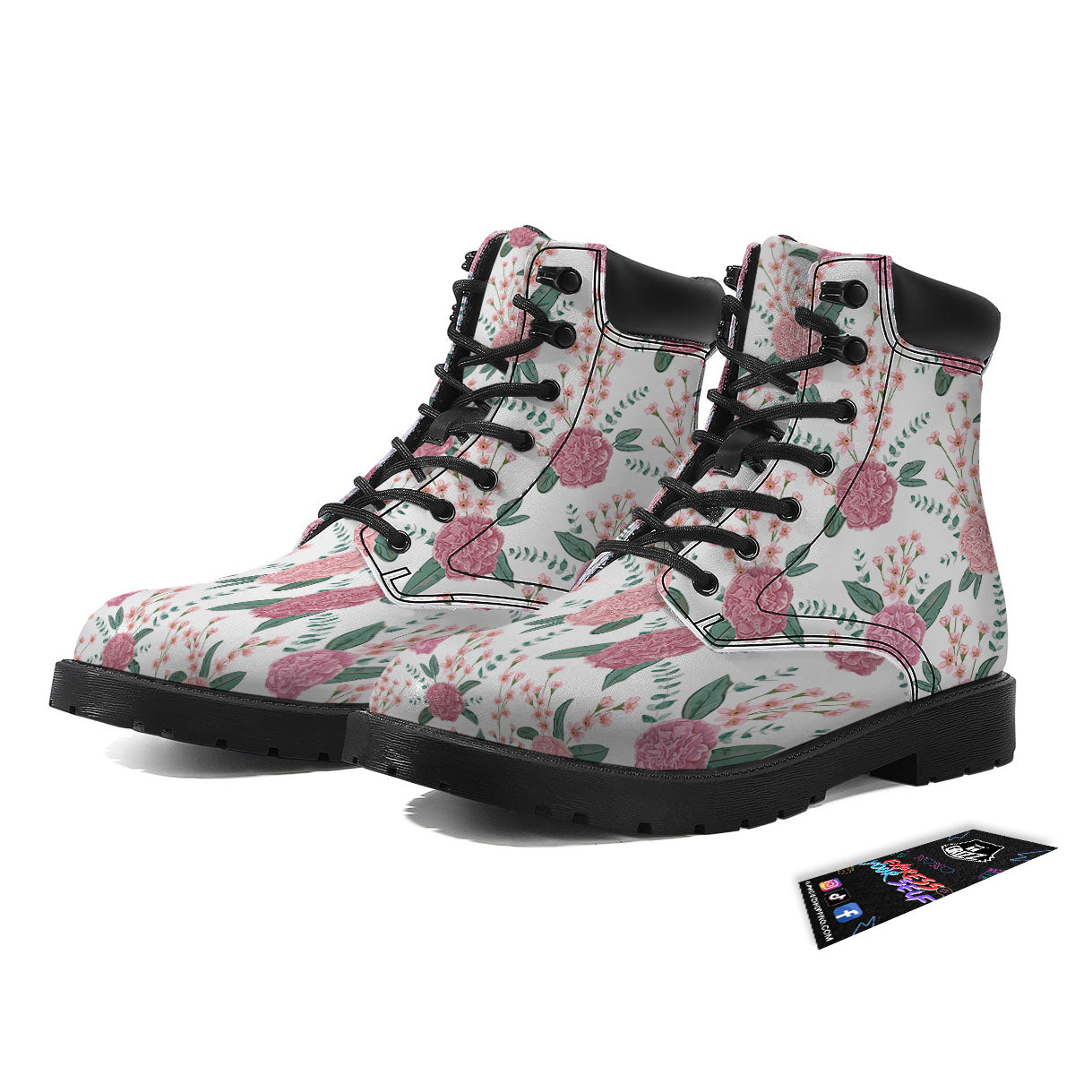 Pink Carnation White Print Pattern Boots-grizzshop