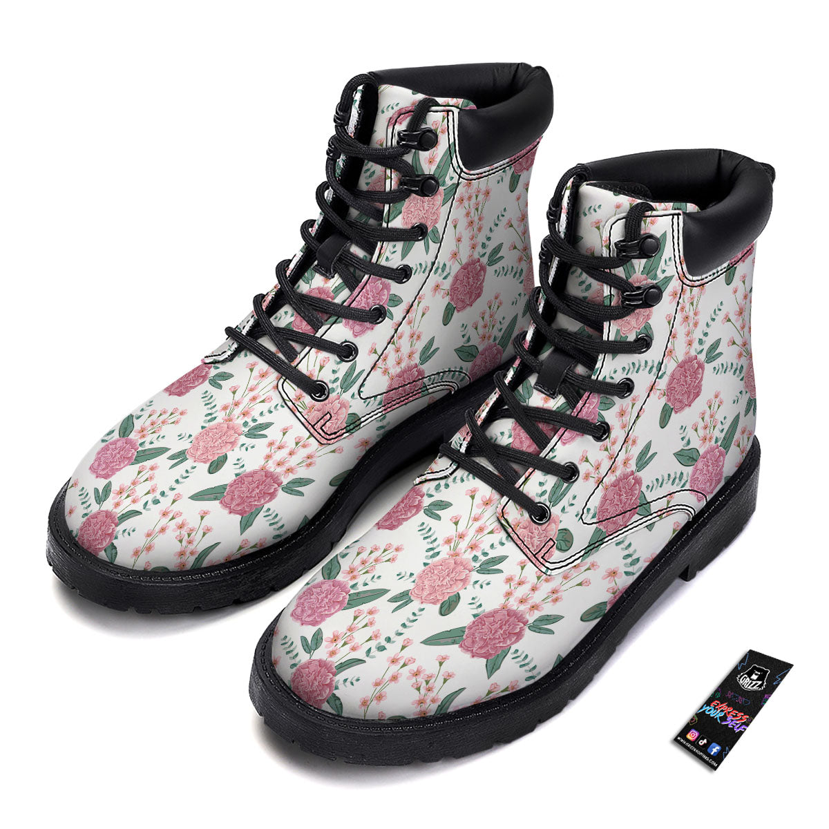 Pink Carnation White Print Pattern Boots-grizzshop