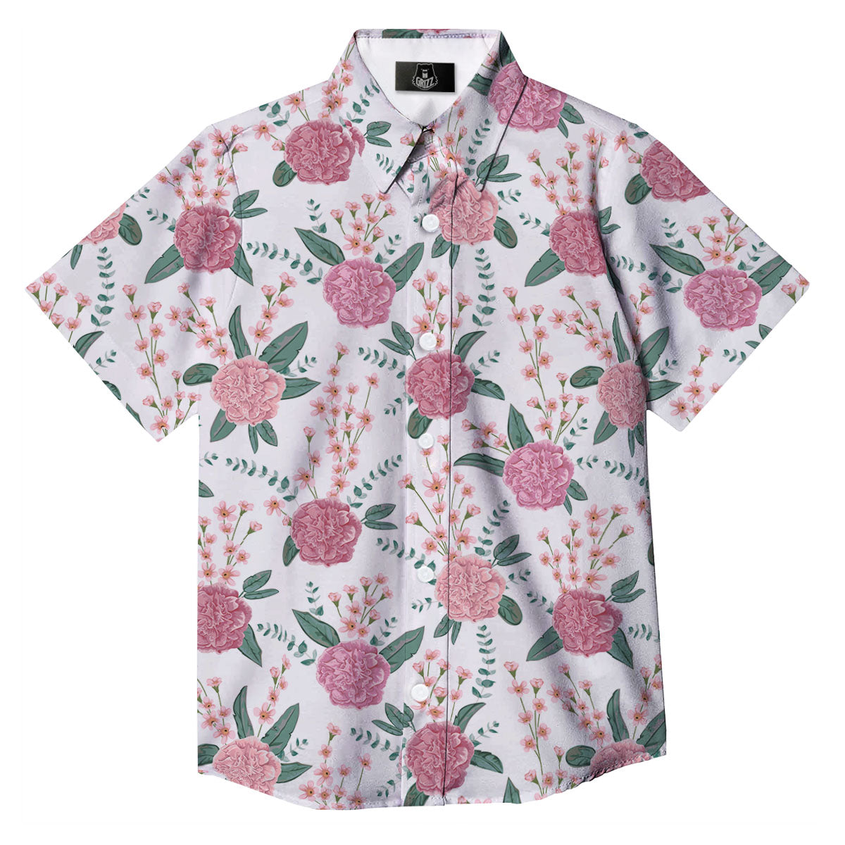 Pink Carnation White Print Pattern Button Up Shirt-grizzshop