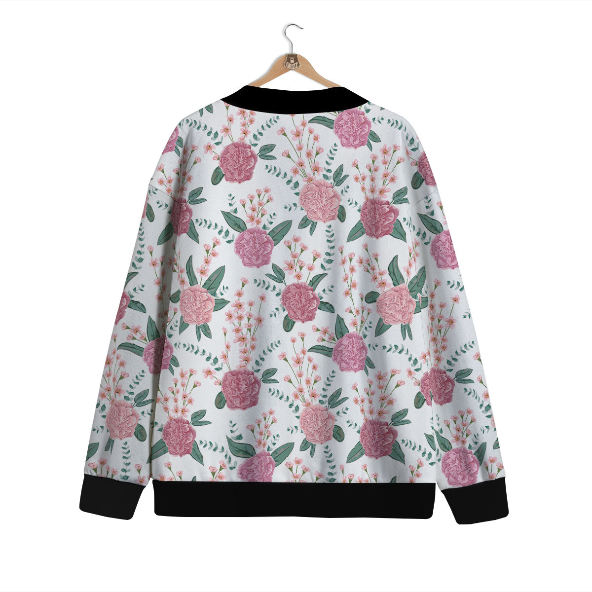 Pink Carnation White Print Pattern Cardigan-grizzshop