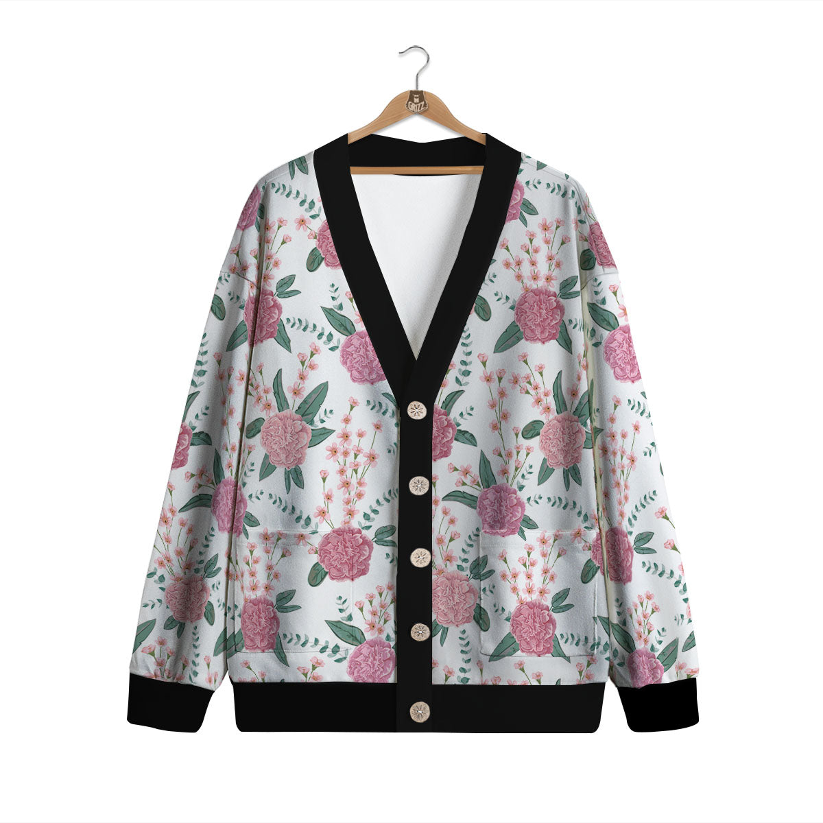 Pink Carnation White Print Pattern Cardigan-grizzshop